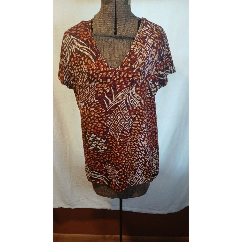 Absolutely It Women 2X Top V-Neck Short Sleeve Geometric Animal Print Rust Brown